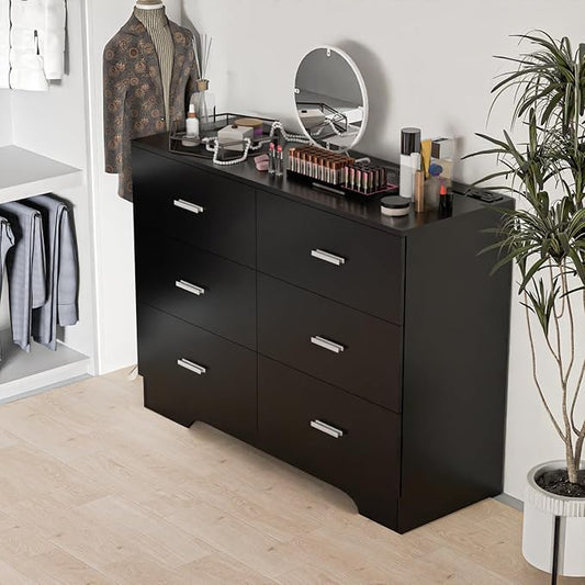 Dresser for Bedroom Black Drawer with Power Outlets Wood 6 Drawer Dresser with Large Organizer Tall Modern Chest of Drawers Close for Bedroom Living Room Kids Room Hallway