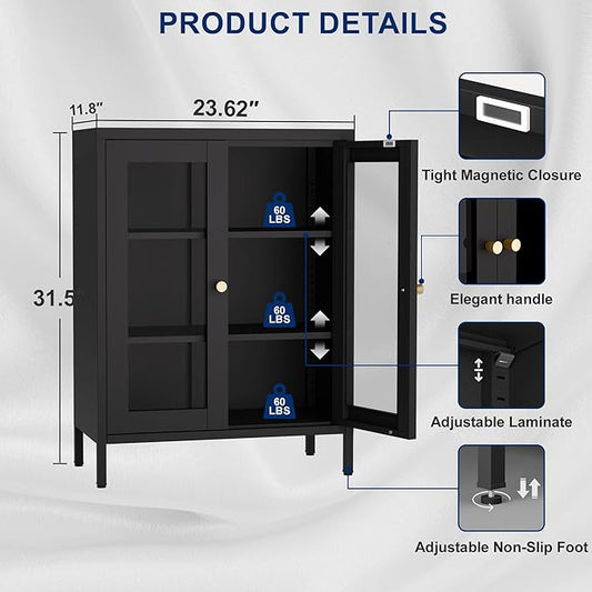 Metal Bathroom Storage Cabinet, Black Sideboard Cabinet with Glass Doors and Adjustable Shelves, Small Metal Cabinets for Kitchen, Living Room, Entryway,Office