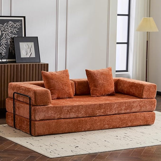 4-in-1 Convertible Folding Sleeper Sofa Bed, Fold Out Floor Sofa Couch with Fixed-Shape Frame, Cloud Corduroy Foldable Mattress Couch for Living Room Bedroom (78.5" Chenille, Orange)