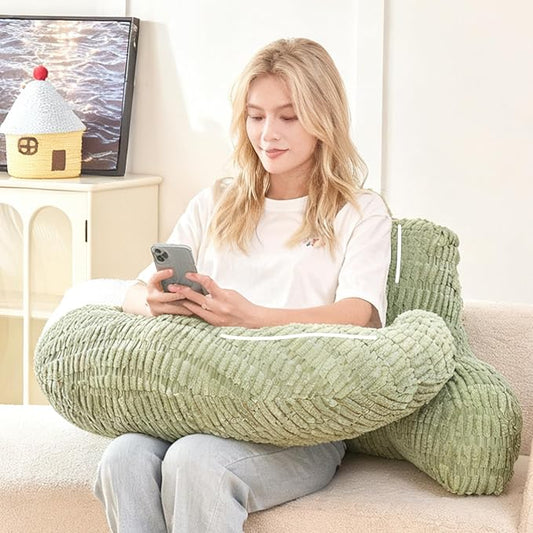 Back Pillow for Bed Sitting Up,U Shaped & Back Support Pillow for Bed,17" Backrest with Lumbar & Arm Support,Comfy Corduroy Fabric,Lap Pillow for Gaming/Reading/Watching TV,Green