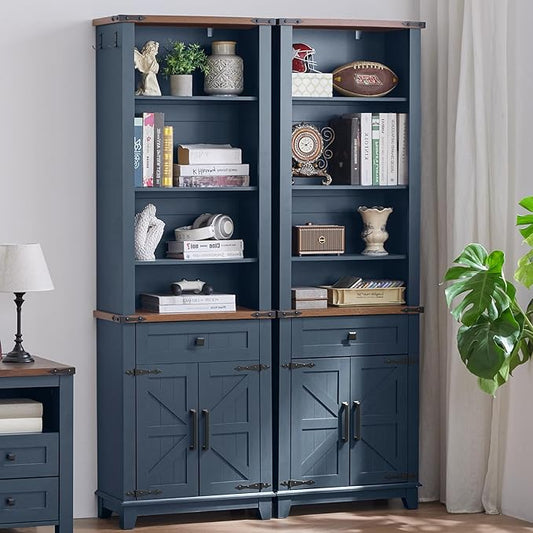 72in Tall Bookshelf 7 Tier Bookcase with Drawer and Barn Doors and Adjustable Shelves, Blue Farmhouse Book Shelf with Storage Cabinet, Wood Freestanding Display Bookshelves for Kitchen (2PCS)