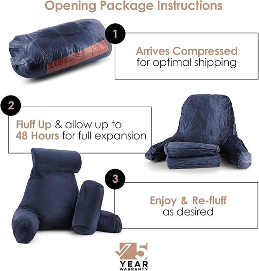 Nestl Reading Pillow with Shredded Memory Foam Includes 2 Neck and Lumber Support Pillows, Designed for Sitting Up in Bed and Couch, Back and Arms Adjustable Support for Adult & Teens, Navy Blue