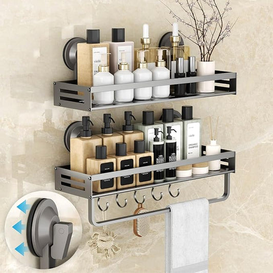Onemake Shower Caddies Suction Cup, 2 Pack 15.7 inch Aluminum Suction Showers Organizer with Towel Bar & Hooks, Rustproof Shower Shelves, No Drilling Bathroom Shelf Storage Rack, Gray