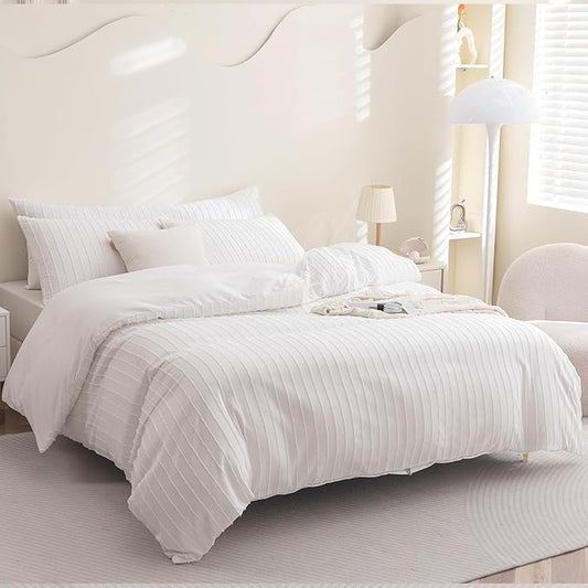 JELLYMONI Bright White Duvet Cover Full Size - 3PCS Microfiber Tufted Duvet Cover Set, Boho Striped Tufted Textured Duvet Cover with Corner Ties & Zipper Closure