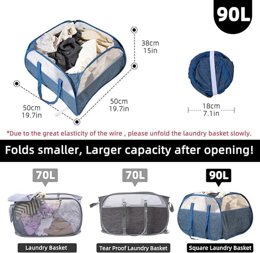 Collapsible Laundry Basket, 90L Foldable Pop-up Laundry Hamper with Reinforced Handles, Tear Proof Mesh Dirty Clothes Hamper for Laundry (Blue, 2PCS)