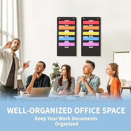 Annecy 5 Pockets Hanging Wall File Organizer, Black Storage Pocket Chart for File Folder and Paper, Space Saver for Office and Classroom, with Wall Hangers, Over The Door Hooks, Labels