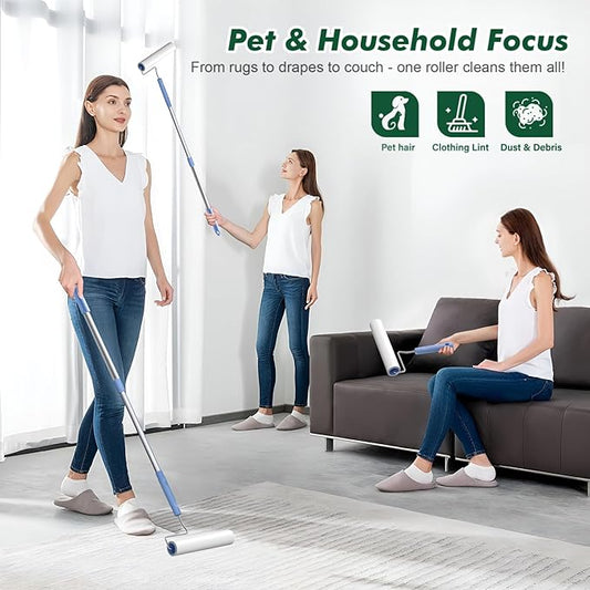 Large Lint Roller for Pet Hair Rxtra Sticky, 5 Refills (3 Short + 2 Long), Lint Remover with Long Handle, Clothes & Furniture