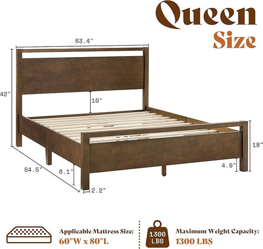 AMERLIFE Queen Size Solid Wood Bed Frame with Headboard, Minimalist Platform Bed with Wooden Slats Support/No Box Spring Needed/Easy Assembly/Noise-Free, Dark Brown
