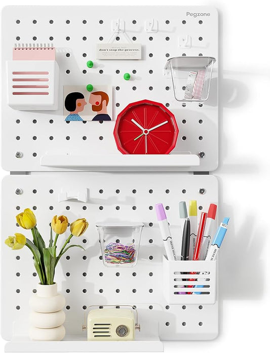 Pegboard Wall Organizer Combination Kit, Overall 25.4"x16.6" Metal Office Pegboard with 13 Accessories, Wall Mounted Peg board Display Panels for Home, Gaming Room, Garage (2Pcs,White)
