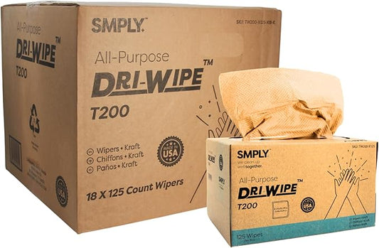 Dri-Wipe™ T200 by SMPLY Brands – Two-Ply Center-Pull Kraft Wipes, 18 Boxes of 125 (2,250 Total) – All-Purpose Disposable Wipes for Retail, Food Prep, Window Cleaning, and Light Spills