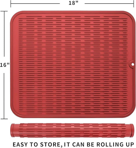 Silicone Dish Drying Mat for Multiple Usage,Easy clean,Eco-friendly,Heat-resistant Silicone Mat for Kitchen Counter or Sink,Refrigerator or Drawer Liner Red 2XL 24 inches x 18 inches