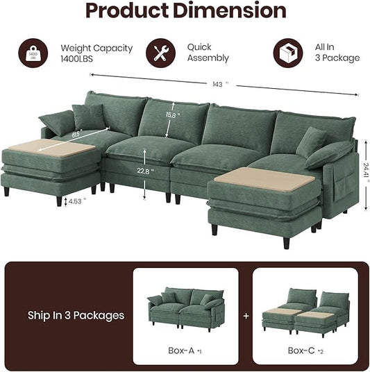 143" U Shaped Modular Sectional Cloud Couch with Two Ottoman, Snap-on Easy Installation 6-Piece Deep Seat Sofa with Storage Bag and Coffee Table for Living Room, Corduroy, Green