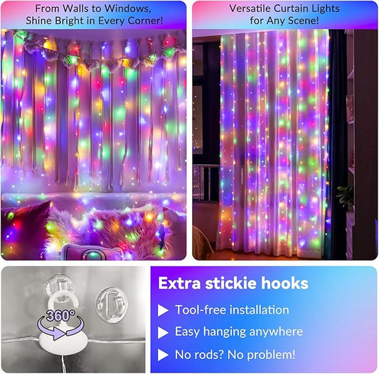 HXWEIYE 300LED Fairy Curtain Lights, 9.8x9.8Ft USB Plug-in 8 Modes Christmas String Hanging Lights with Remote for Bedroom Backdrop Wedding Indoor Wall Decor, Multicolor, Standard – 1 Pack