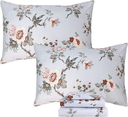 FADFAY Elegant Floral Bed Sheet Set Queen Size, 100% Cotton Ultra Soft with Deep Pocket Fitted Sheet, 4Pcs, Vintage Farmhouse Bedding Shabby Grey Bird Print Flower Pattern