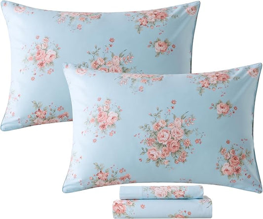 FADFAY Sheets Set Queen Blue Rose Floral Bedding Rustic Peony Flower Bed Sheet Set Vintage Farmhouse Bedding 100% Cotton Ultra Soft Breathable Beddings with Deep Pocket Fitted Sheet 4Pcs, Queen Size