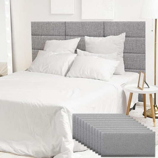 12 Piece Linen Fabric Peel and Stick Headboard, Upholstered Wall Mounted Headboard for Twin, 3D Anti-Collision Soundproof Self-Adhesive Wall Panel for Bedroom 23.62" x 9.84"