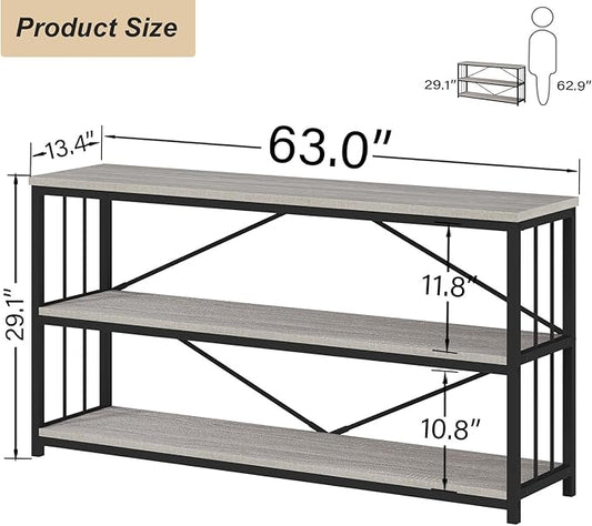 HSH Long Bookshelf, Large Wood Wide Grey Horizontal Book Shelf Under Window, Modern Open Etagere Bookcase for Bedroom Living Room, Industrial Wooden Metal Display Bookshelves for Home Office, 63 Inch