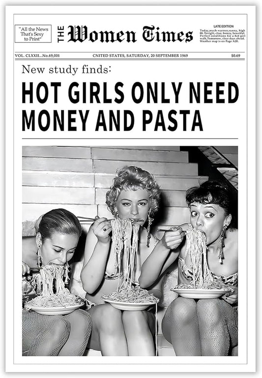 Vintage Women Times Newspaper Canvas Wall Art Black and White Aesthetic Poster Funky Hot Girl Eating Pasta Fashion Prints for Italian Kitchen Bar Cart Girly Dorm Room Art Posters 16x24inch Unframed