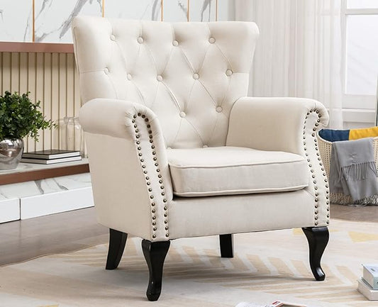 Set of 2 Mid-Century Modern Accent Chair, Linen Fabric Armchair w/Tufted Back/Wood Legs, Upholstered Lounge Arm Chair Single Sofa for Living Room Bedroom, Beige