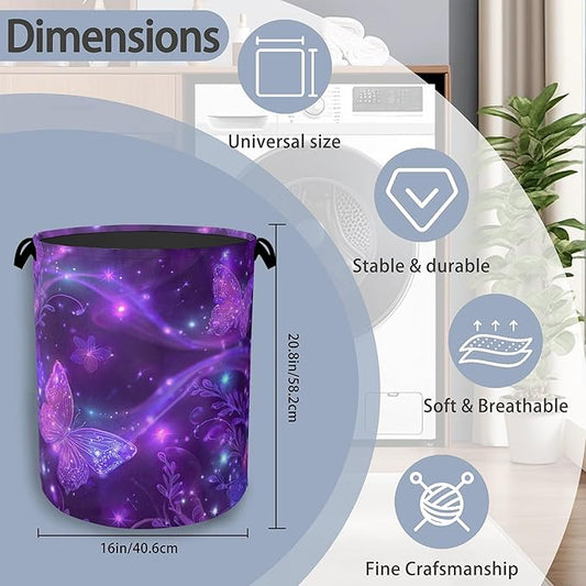 Purple Butterfly Laundry Hamper,Sparkling Dirty Clothes Laundry Basket with Handles Waterproof Oxford Cloth Storage Basket for College Dorms Bathroom Bedroom 16" x 20.8"
