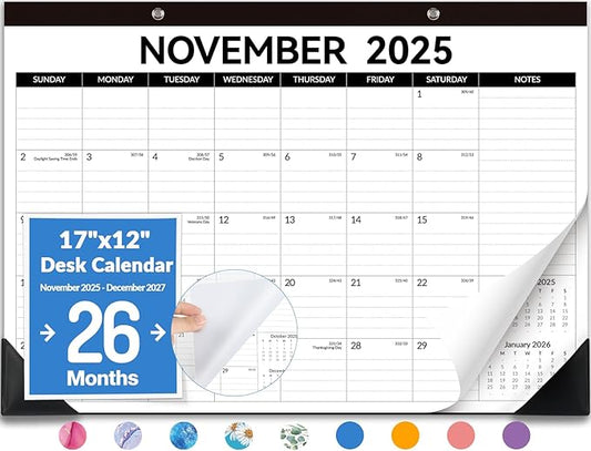 Forvencer Desk Calendar 2026, 26 Months Calendar Runs from November 2025 to December 2027, 17" x 12" Large 2026 Wall Calendar Monthly Planner with Plastic Cover for Home School Office