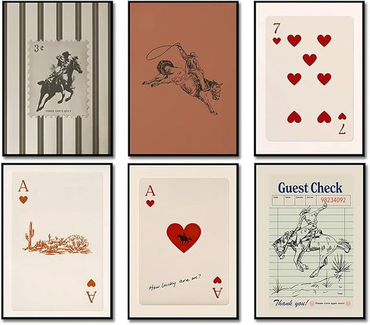 Vintage Western Cowboy Poster Set of 6, Southwestern Wall Art Playing Card Canvas Prints Mid Century Striped Western Wall Decor Paintings for Bedroom Living Room Dorm 12x16 inch Unframed