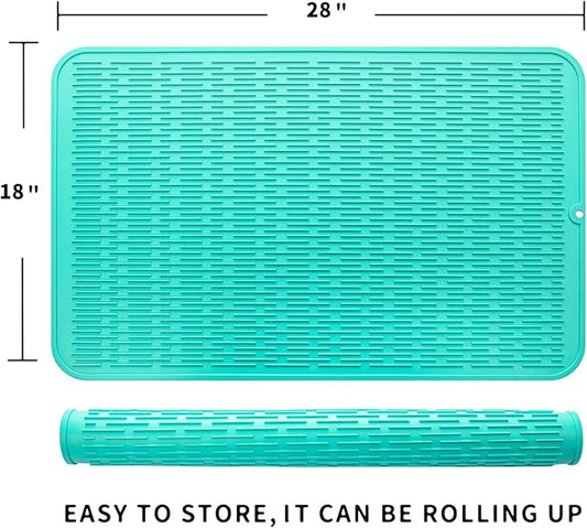 Silicone Dish Drying Mat for Multiple Usage,Easy clean,Eco-friendly,Heat-resistant Silicone Mat for Kitchen Counter or Sink,Refrigerator or Drawer Liner Mint 3XL 28 inches x 18 inches
