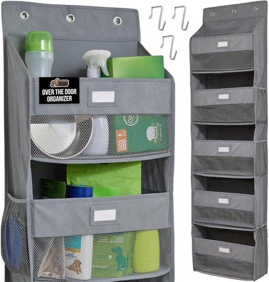 GORILLA GRIP Large Capacity Closet Organizer, 5 Deep Shelves, Holds 50lbs, Over the Door Organizers 6 Mesh Pockets, Shelf Storage for Clothes Crafts Dorm Essentials, 3 Metal Hooks, 58x15 Inches, Gray