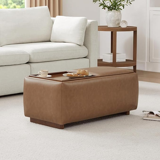 CHITA Storage Ottoman with Tray Lids, FSC Certified Small Rectangular Bench for Living Room, Bedroom, Faux Leather in Saddle Brown