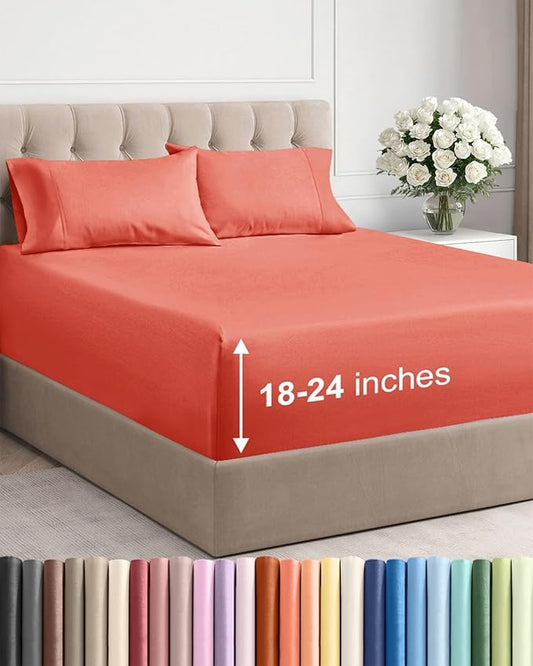 Extra Deep Pocket Full Sheets - 4 Piece Breathable & Cooling Bed Sheets - Hotel Luxury Bed Sheet Set - Soft, Wrinkle Free & Comfy - Easily Fits Extra Deep Mattresses - Deep Pocket Coral Sheets Set