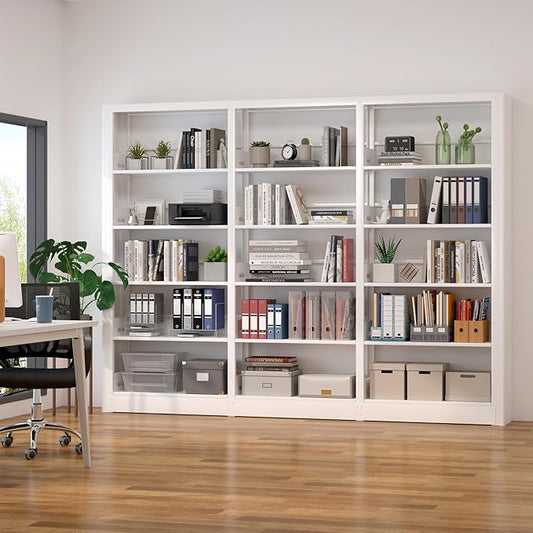 Bookshelf,5-Tier Industrial Bookshelf, White Bookcases and Bookshelves,Tall Bookshelf Storage Organizer,Freestanding Bookshelf for Living Room, Bedroom,Home Office,Metal Bookshelf (White, Bookshelf-3)