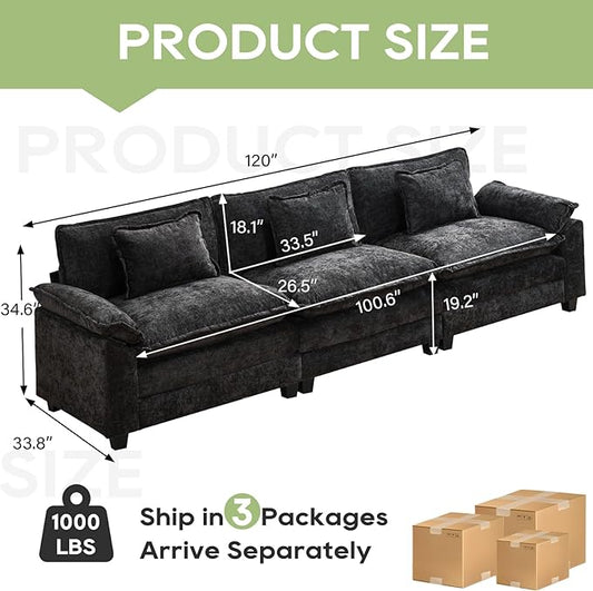 120" Modular Sectional Sofa, Comfy Cloud Couch Sectional Sofa, Chenille Sofa Sleeper Deep Seat Sofa with Throw Pillows for Living Room (Black, 120"- 3 Seater)