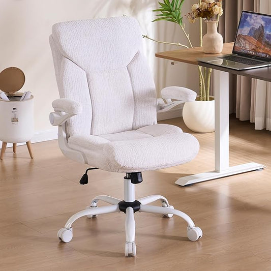 Executive Office Chair, Comfy Fabric Cloth Computer Chair Ergonomic Desk Chairs with Flip-up Armrests, Lumbar Support, 360° Swivel and Rocking Function for Home Office Chairs, White