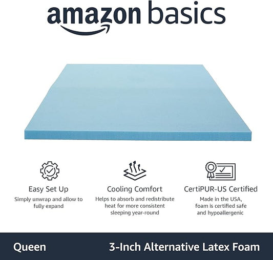 Amazon Basics Alternative Latex Queen Mattress Topper, Cooling Gel-Infused, CertiPUR-US Certified, 3 Inches, Blue