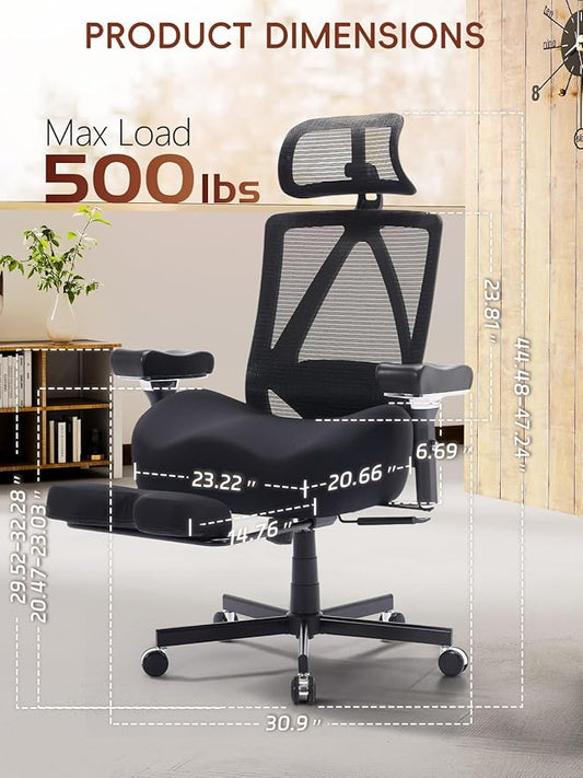 Big and Tall Office Chair 500lbs, Ergonomic Desk Chair with W Wide Thick Cushion, Executive Mesh Office Chair with Adjustable Headrest, Lumbar, Footrest, 4D Armrest Computer Task Chairs for Nap, Black