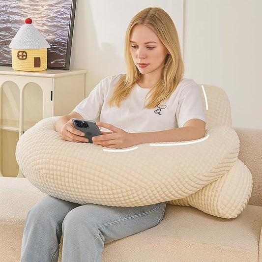 Reading Pillow for Bed,U Shaped & Back Support Pillow for Bed,17" Backrest with Lumbar & Arm Support,Comfy Flannel Fabric,Lap Pillow for Gaming/Reading/Watching TV,White