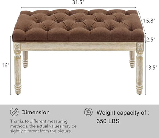 LOULENS French Vintage Bench, Linen Fabric Entryway Bench, Upholstered Tufted End of Bed Bench with Brushed Wood Legs, Brown