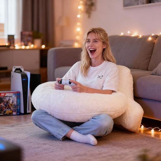 Reading Pillow for Bed,U Shaped & Back Support Pillow for Bed,19" Backrest with Lumbar & Arm Support,Luxurious Faux Rabbit Fur,Gaming PillowFor Crochet/Reading/Watching TV,White