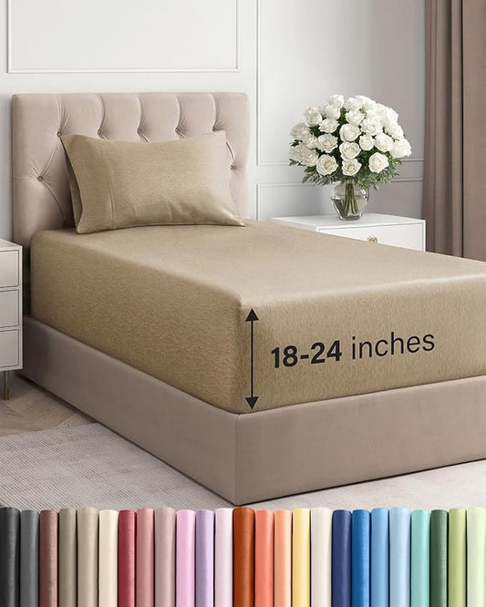Extra Deep Pocket Twin Sheets - 3 Piece Breathable & Cooling Bed Sheets - Hotel Luxury Bed Sheet Set - Soft, Wrinkle Free & Comfy - Easily Fits Extra Deep Mattresses - Deep Pocket Heathered Tan Sheets