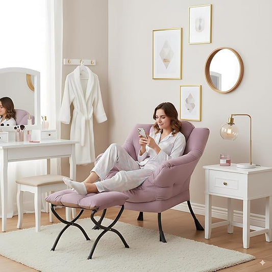 Lazy Chair and Ottoman, Large Accent Lounge Chair with Armrests and a Side Pocket, Modern Leisure Upholstered Sofa Reading Armchair with Footrest for Bedroom, Living Room, Dorm Rooms, Office