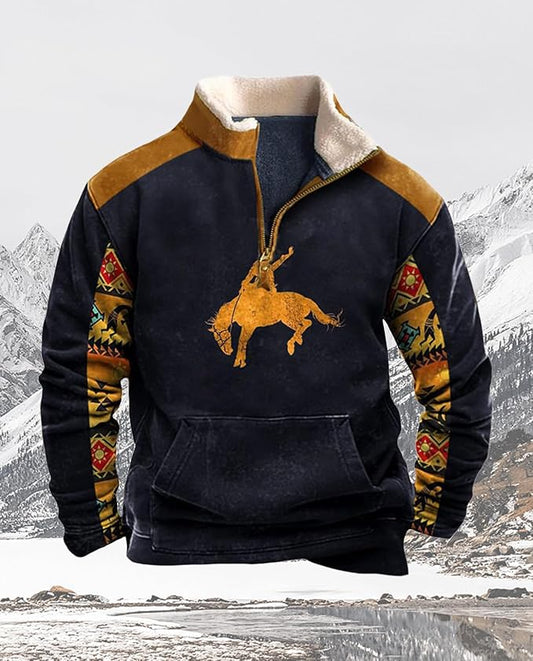 Western Sweatshirts for Men Aztec Cowboy Vintage Graphic Fleece Hoodie Mens Quarter Zip Pullover Country Jacket
