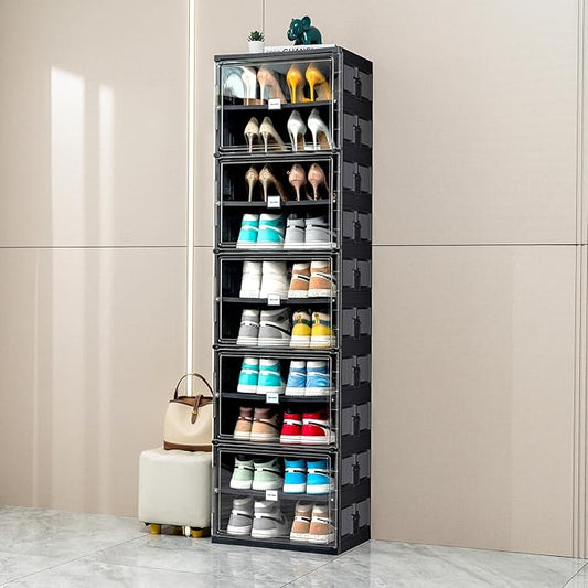 JEKO&JEKO 10 Tiers Foldable Shoe Rack Organizer Cabinet for Closet Entryway, Large Collapsible Shoe Storage Box with Magnetic Doors Fits Up to 20 Pairs (Black)