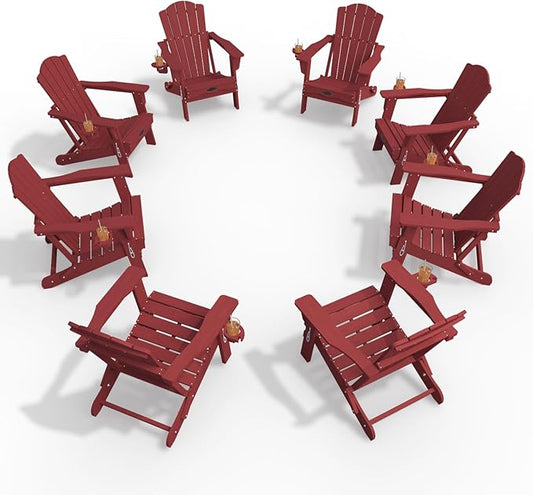 Adirondack Chair Set of 8, Folding All-Weather Outdoor HDPE Patio Chair with Cup Holder, Red