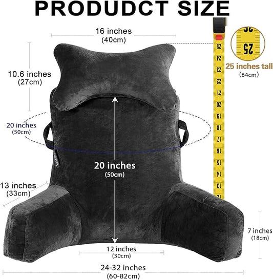 SLIGUY Reading Pillow-Bed Rest Pillow with Detachable Neck Roll & Higher Support Arm for Sitting in Bed Couch or Floor-Backrest Reading Pillow Adult Back Pillow for Reading/Watching TV/Gaming,Black