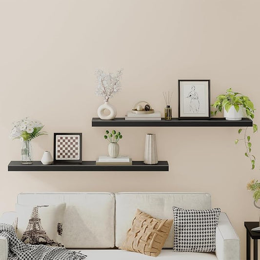 HOOBRO Floating Shelves for Wall, Wall Mounted Shelf Set of 2, 55" Hanging Shelf with Invisible Brackets, for Wall in Bathroom, Bedroom, Toilet, Kitchen, Living Room, Office, Black Bk140BJP201