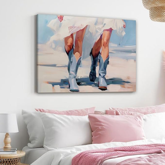 Cowgirl Boots Wall Decor, Girly Western Paintings for Apartment, Trendy Western Cowboy Boot Painting Girls Aesthetic Canvas Prints Cowboy Boot Wall Art Prints for Teen Girls Bedroom Framed 16x24 in