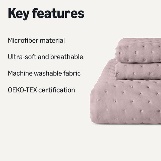 Amazon Basics Brushed Microfiber Quilt Set, Extra Soft with Natural Texture, 3-Piece,Queen/Full, Purple