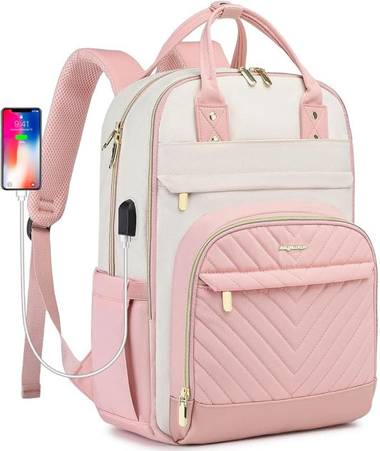 Backpack for Women Laptop Bag: Work Travel Backpacks Fits 17 inch Computer Waterproof College Bookbag with USB Charger Anti-theft Business Casual Backpack Purse for Nurse Teacher Beige Pink
