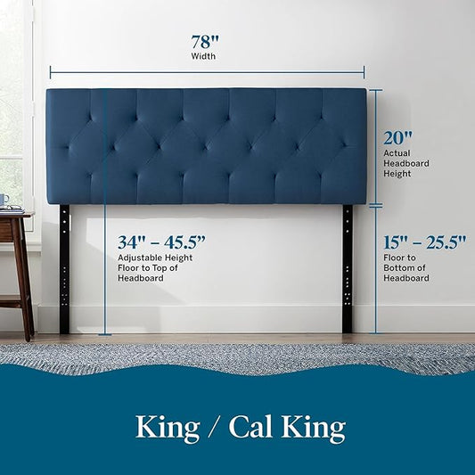 Lucid Mid-Rise Upholstered Headboard - Diamond Tufted - Padded Polyester - Adjustable Height from 34โ to 46โ - Easy Assembly - Bed Frame or Wall Mount - Sturdy - Cobalt - King / Cal King Size