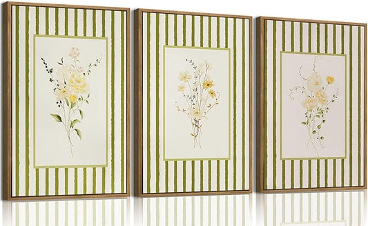 KISSFOX 3 Piece Framed Wall Art Floral Wall Decor Wildflower Canvas Wall Art Flower Pictures Boho Botanical Paintings Green Poster Wall Decor For Girly Room Bedroom Apartment Dorm Living Room